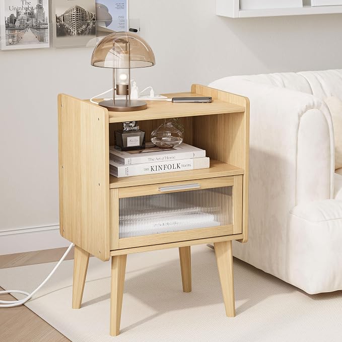 Nightstand with Charging Station, Natural Wood Bedside Tables, Modern End Table, Side Table with 2 Tiers Storage Space for Bedroom Living Room MLBZ07YE-2