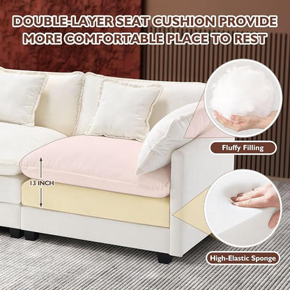 Ihanherry 146" U-Shaped Modern Sofa Modular Sectional Cloud Couch with 2 Ottoman, 6-Seat Chenille Deep Seat Sofa with 6 Pillows for Living Room, Bedroom and Apartment, Beige