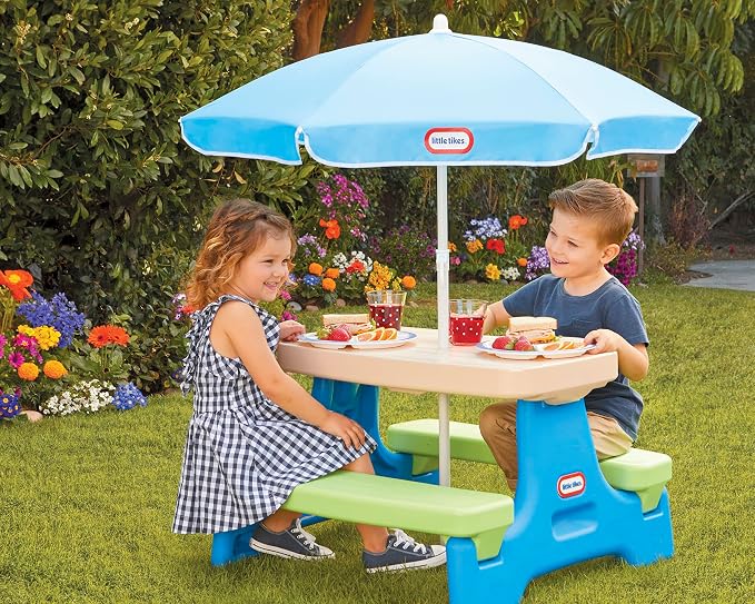 Little Tikes Easy Store Jr. Picnic Table with Umbrella - Blue / Green, 27.25''L x 27.00''W x 18.25''H