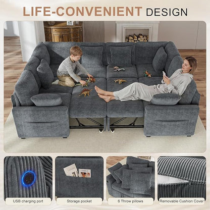 Hanherry Sectional Sofa with Pull Out Couch Bed,8 Seat Corduroy Sleeper Sofa with 2 Seat Storage & USB Charging,Comfy Modular Couches for Living Room,Apartment