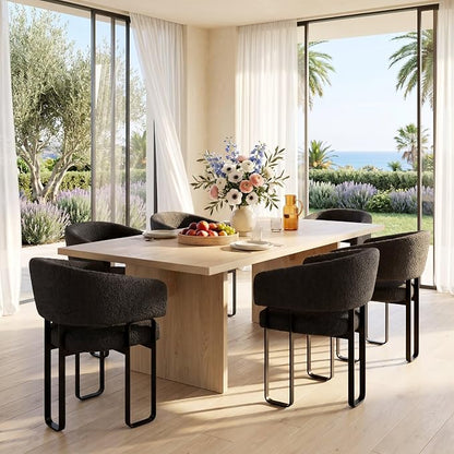 Modern Barrel Dining Chair, Black Boucle Kitchen Chair with U-Shaped Stainless Steel Legs, Armchair with Open Back for Living Room Bedroom Makeup Room, Set of 6