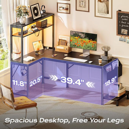PRAISUN L Shaped Gaming Desk with LED Lights & Power Outlets, Reversible Computer Desk with Storage Shelves & Bag, Large Corner Home Office Desk with Pegboard for Work from Home, Black
