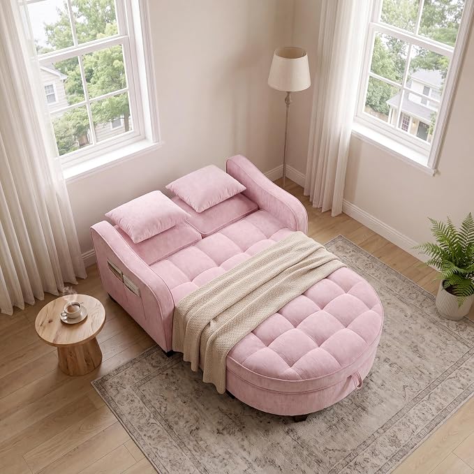 ERYE Chenille Tufted Loveseat Sofa and Ottoman Set, Tufted Recliner Sleeper Chaise Lounge with Curved Storage Ottoman,Reclining Backrest and Side Pockets, 4 Pillows