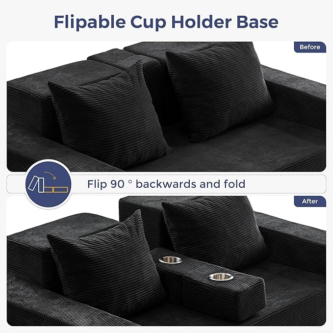 MAXYOYO Loveseat Sofa Bed, 64" Foldable Floor Sofa Couch in A Box with 2 Cup Holders, 4 in 1 Convertible Boneless Couch Folding Recliner Chair for Living Room, No Assembly Required, Black
