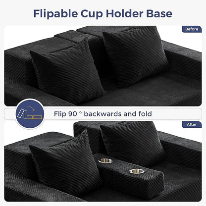 MAXYOYO Loveseat Sofa Bed, 64" Foldable Floor Sofa Couch in A Box with 2 Cup Holders, 4 in 1 Convertible Boneless Couch Folding Recliner Chair for Living Room, No Assembly Required, Black