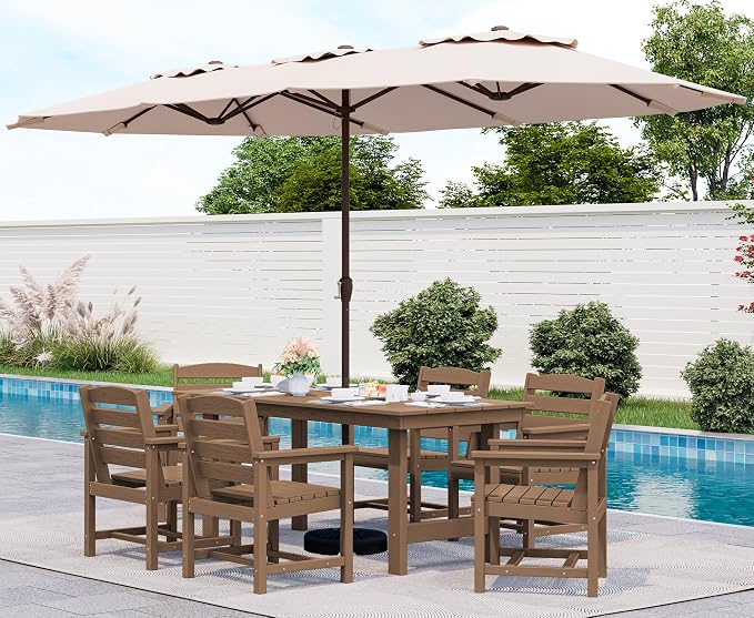 SERWALL 8-Piece Outdoor Dining Sets with 15FT Double Side Outdoor Umbrella, Outdoor HDPE Dining Furniture Set with Umbrella Hole Cut-Out Table and 6 Chairs, Brown（Umbrella Base not Included）