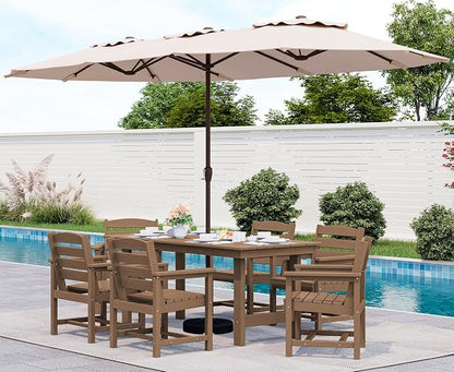 SERWALL 8-Piece Outdoor Dining Sets with 15FT Double Side Outdoor Umbrella, Outdoor HDPE Dining Furniture Set with Umbrella Hole Cut-Out Table and 6 Chairs, Brown（Umbrella Base not Included）