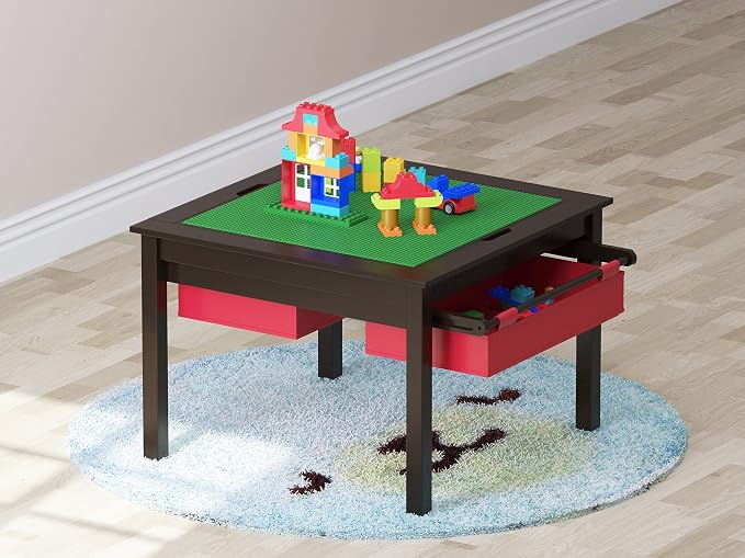UTEX 2 in 1 Kids Construction Play Table with Storage Drawers and Built in Plate (Espresso)