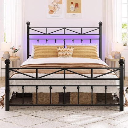 EnHomee 14.2" Queen Size Metal Platform Bed Frame, Tall Headboard and LED Lights, Victorian Vintage Style，Under Bed Storage, Heavy Duty Metal Slats & Noise Free, Black