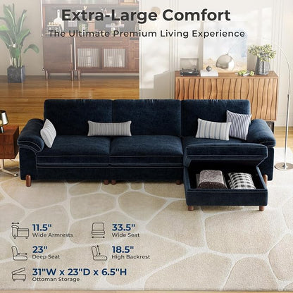 SITJOY Large Cloud Couch, 118" Wide 3 Seater L Shape, Chenille in Navy Blue | Detachable and Washable Chenille Cover Sectional Sofas for Living Room, Deep Seat Wide Couch with Chaise, Storage Ottoman