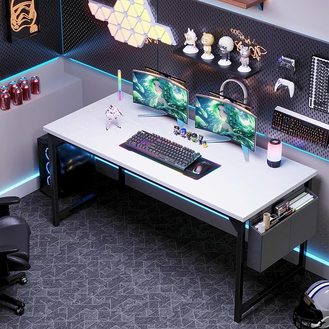 OLIXIS Computer Desk, 63 Inch Home Office Desks for Small Spaces, Writing Craft Study Gaming Table for Bedroom, Modern Computer Workstation with Storage Bag, White