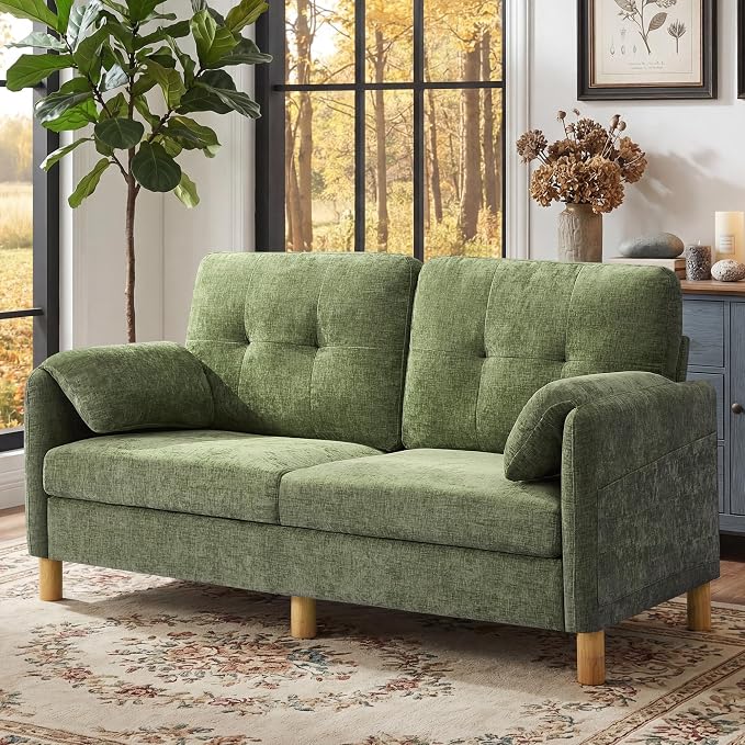 65" Loveseat Sofa, Mid Century Loveseat Couch for Living Room with Storage Pockets, Upholstered Small Loveseat for Small Spaces, Bedroom, Home Office, Apartments, Small Sofa Chenille Green