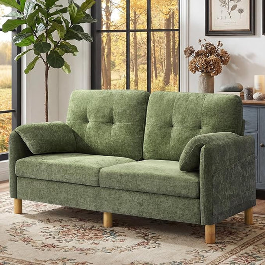 65" Loveseat Sofa, Mid Century Loveseat Couch for Living Room with Storage Pockets, Upholstered Small Loveseat for Small Spaces, Bedroom, Home Office, Apartments, Small Sofa Chenille Green