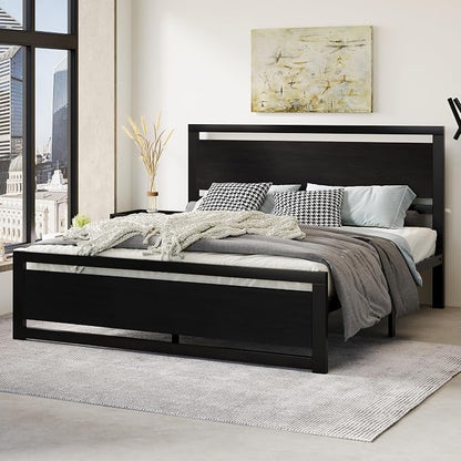 SHA CERLIN Heavy Duty King Size Bed Frame with Modern Headboard, Black | Platform Metal Base with Footboard and 13 Slats Support, No Box Spring Needed