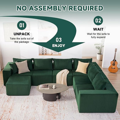 U-Shaped Boneless Couch, Cloud Couch Sectional, Modular Sofa with Deep Seat, Convertible Sectional Couches for Living Room, Plush Corduroy U Shaped Boneless Couch (Green, 6 Seater & 1 Ottoman)