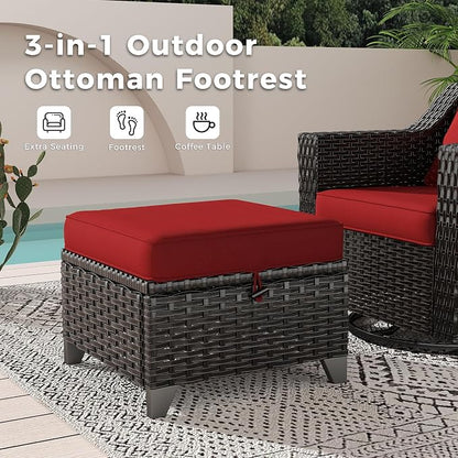 6 Pieces Patio Conversation Furniture Set - 2 Sofas, 2 Armchairs, 2 Ottomans, Outdoor Wicker Furniture with Removable Cushions for Porch, Balcony, Sunroom (Red)
