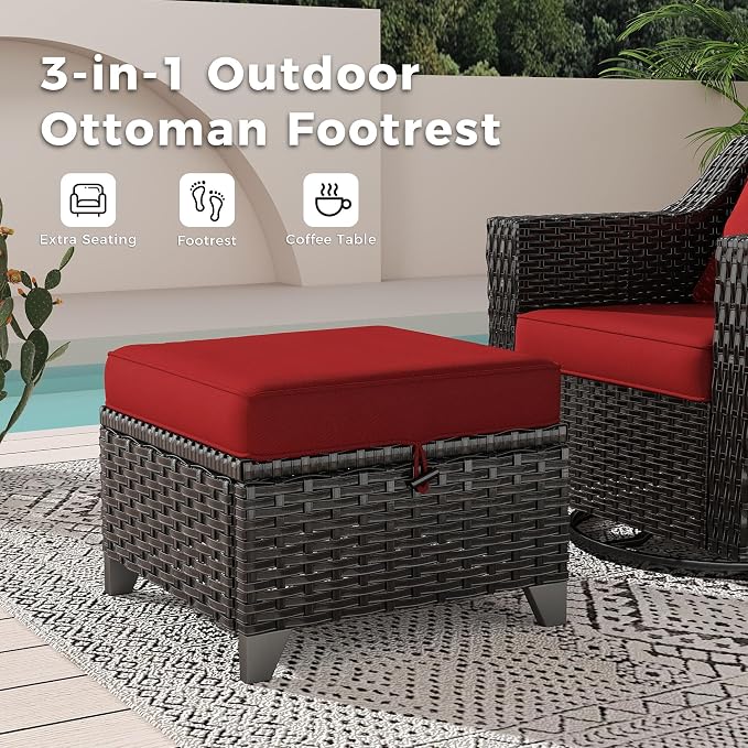7 Pieces Patio Conversation Furniture Set - 2 Armchairs, 2 Ottomans, 2 Swivel Chairs, 1 Side Table, Outdoor Wicker Furniture with Removable Cushions for Porch, Balcony, Sunroom (Red)