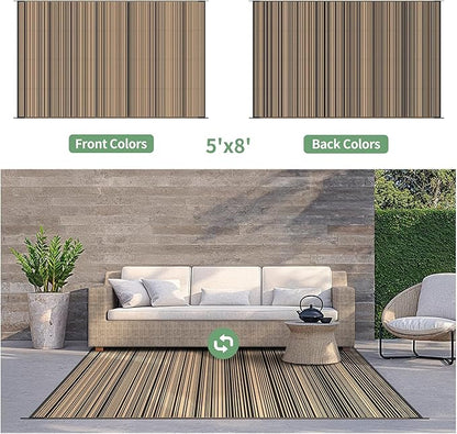 GENIMO Outdoor Rug for Patio Clearance, 5'x8' Reversible Plastic Straw Rugs, Lightweight Waterproof RV Camping Mat for Camper, Balcony, Deck, Backyard, Picnic, BlackBrown