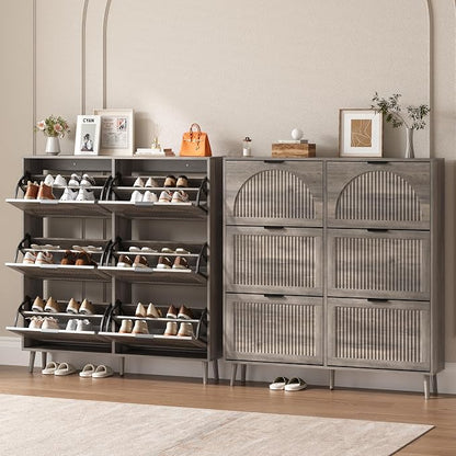 BORNOON Shoe Cabinet for Entryway with 6 Flip Drawers, Slim Wooden Shoe Storage Organizer with Modern Fluted Pannel，Freestanding Narrow Hidden Shoe Rack for Hallway, Foyer, Living Room