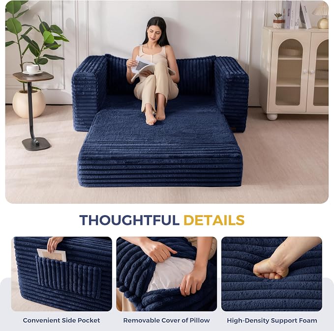 MAXYOYO Convertible Sofa Bed, 2 in 1 Folding Couch Bed for Small Space, Pull Out Loveseat Sofa Couch with Large Back Pillow, Plush Faux Fabric Lounge Couch for Living Room, Apartment, Navy