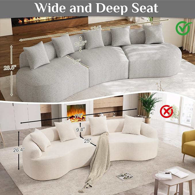 134" Curved Modular Sectional Sofa for Living Room, Modern Chenille Oversized Cloud Couch, Plush Luxury 6-Seater Extra Deep Seat Boucle Boneless Sofa, No Assembly Required, Grey