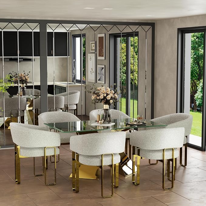 Dining Chairs Set of 5, White and Gold Barrel Boucle Dining Chairs with Arms and U-Shaped Mirrored Gold Legs, Contemporary Side Chairs for Dining Table, Kitchen and Dining Room Restaurant