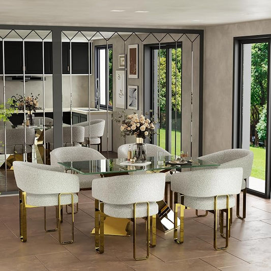 Dining Chairs Set of 5, White and Gold Barrel Boucle Dining Chairs with Arms and U-Shaped Mirrored Gold Legs, Contemporary Side Chairs for Dining Table, Kitchen and Dining Room Restaurant