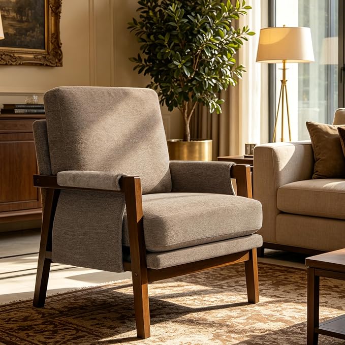RNKSFX Dark Brown Accent Chair for Bedroom & Living Room, Mid Century Modern Accent Arm Chair, Upholstered Anthropologie Accent Chair with Solid Wood Frame, Fabric