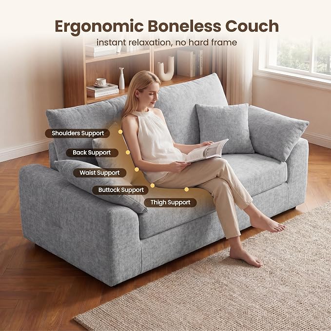 75.6" Boneless Loveseat Sofa, Polyester Fabric 2-Seater Couch with 4 Pillows, No Assembly Required, Soft High Density Foam Cushion, Rectangular Track Arm Sofa for Living Room Bedroom Apartment (Grey)