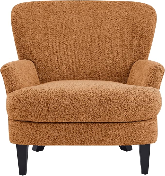Christopher Knight Home Colby Boucle Upholstered Club Chair, Living Room Accent Chair, Wooden Frame, Flared Armrest, Plush Thick Cushion, Reading Lounge Chair, Space-Saving Furniture, Black+Caramel