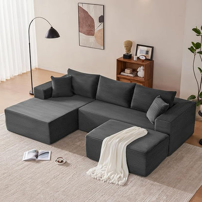 Mangodan 110” Cloud Sectional Couch, Modular Sectional Sofa with Deep Seat, Boneless Sofa for Living Room, Fluffy Comfy U-Shaped Couch with Left Facing Chaise, No Assembly Required, Grey