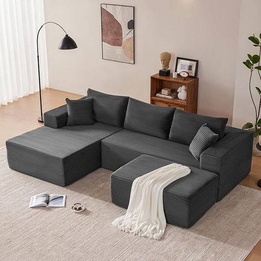 Mangodan 110” Cloud Sectional Couch, Modular Sectional Sofa with Deep Seat, Boneless Sofa for Living Room, Fluffy Comfy U-Shaped Couch with Left Facing Chaise, No Assembly Required, Grey