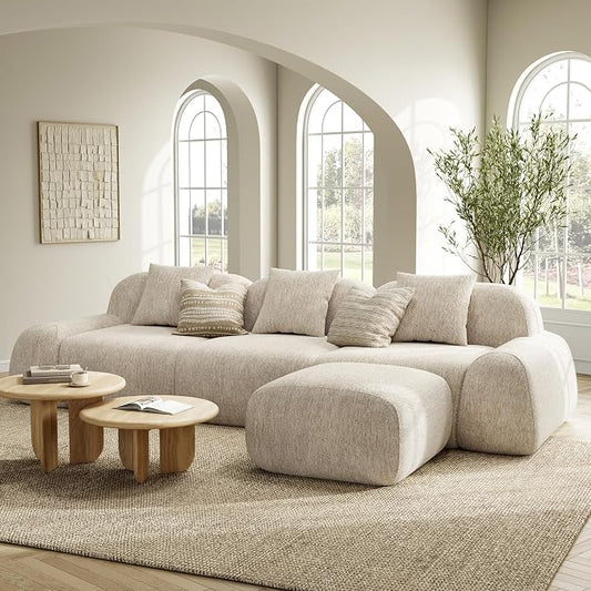 LIKIMIO LumiPebble Modular Sectional Sofa with Ottoman, 110" L-Shaped Boneless Couch for Living Room, Deep Seat with LuxeChenille Upholstery, No Assembly Required, Oatmeal