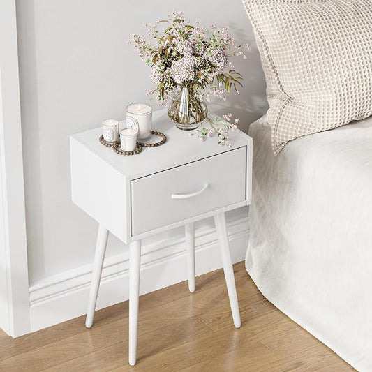 Small White Nightstands Set of 2, Bedside Table with Fabric Drawer, Modern End Table with Metal Leg, Couch Side Table for Bedroom Living Room, Sofa, Office LNT504W