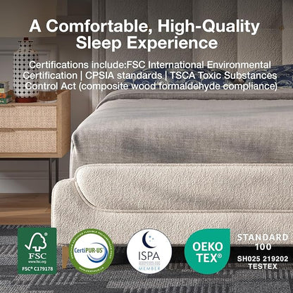 Novilla Full Size Bed Frame with Charging Station & LED Lights, Upholstered French Luxury Platform Bed with Wingback Headboard, Lamb Wool Fabric, No Box Spring Needed, Easy Assembly, Cream White