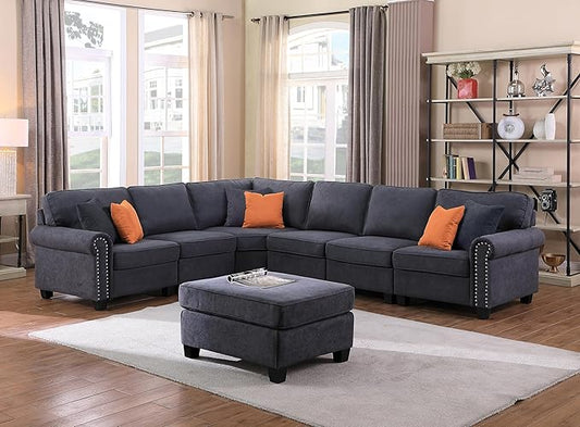 Ball & Cast 116" L-Shaped Sectional Couch with Movable Ottoman & Nailhead Trim Armrest,7 Seat Chenille Upholstered Sofa W/ 6 Throw Pillows,DIY Combination,Comfy Sectionals Set for Living Room,Gray
