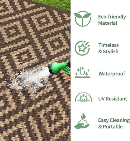 GENIMO Outdoor Rug for Patio Clearance, 6'x9' Reversible Plastic Straw Rugs, Lightweight Waterproof RV Camping Mat for Camper, Balcony, Deck, Backyard, Picnic, Coffee & Brown
