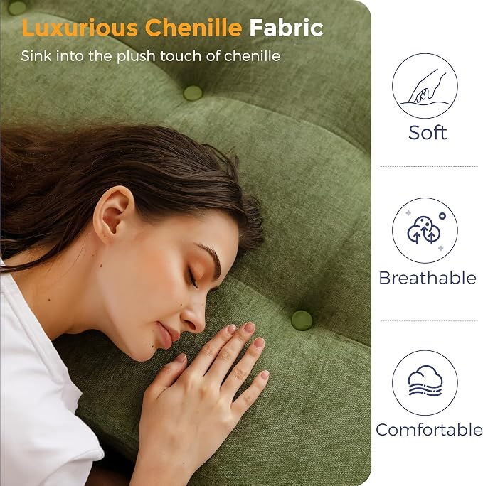 MAXYOYO 6" Folding Sofa Bed for Floor, Tufted Tri-Fold Floor Mattress with Chenille Fabric, Twin Size Portable Sofa Couch Guest Mat for Adults, Foldable Topper for Camping, Green, 35.4"x75"