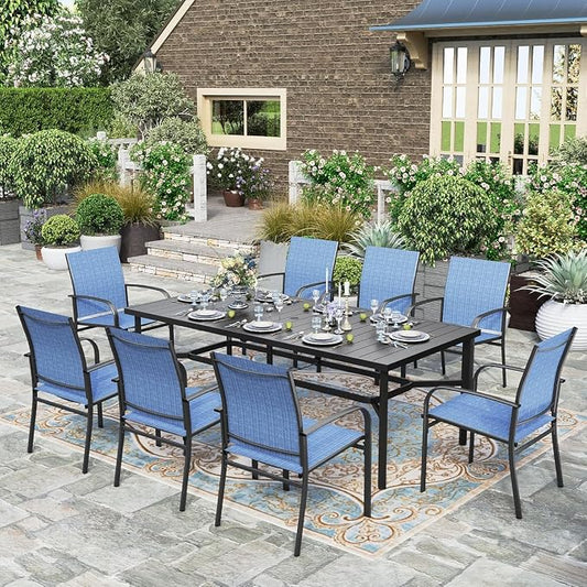 HERA'S HOUSE 9 Pieces Outdoor Dining Set, Patio Table and Chairs Set for 8, 8 x Textilene Chairs and 1 x Large Rectangle Metal Table with Umbrella Hole for Deck Garden Backyard Lawn Poolside