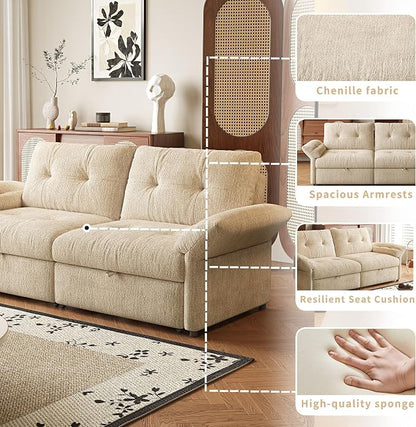 81.5" Pull Out Sofa Bed Full Size, Pre-Assembled Chenille Sleeper Sofa, Convertible Loveseat Futon Couch with Tufted, Pillows, for Apartment, Living Room, Small Spaces, dorms, Beige