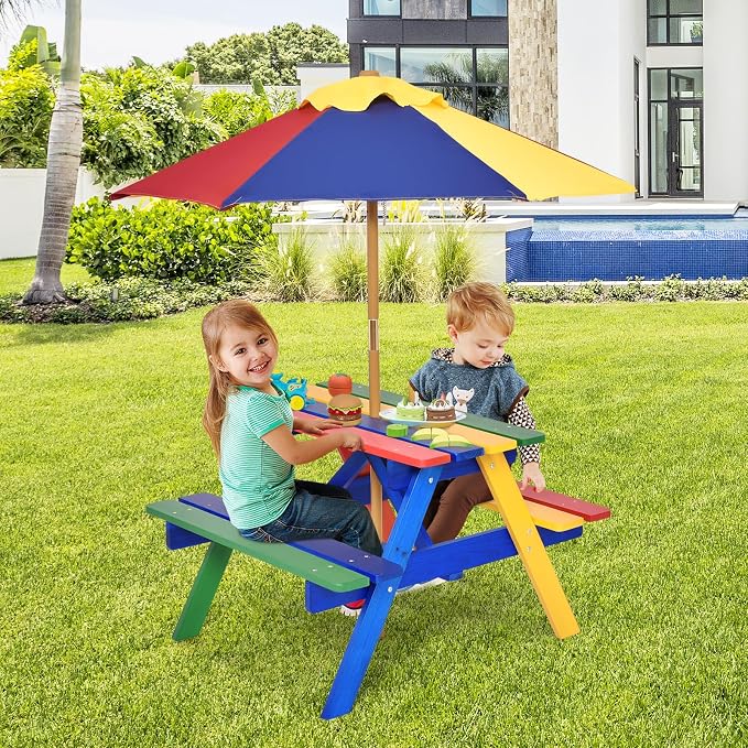 Costzon Kids Picnic Table, Fir Wood Kids Outdoor Table and Chairs with Removable Umbrella, Toddler Picnic Table for Patio, Backyard, Garden (Multicolor)