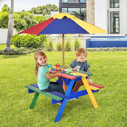 Costzon Kids Picnic Table, Fir Wood Kids Outdoor Table and Chairs with Removable Umbrella, Toddler Picnic Table for Patio, Backyard, Garden (Multicolor)