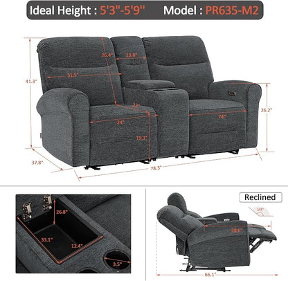 MCombo 78.3" Wall Hugger Power Loveseat Recliner Sofa with Console, Reclining Loveseat with USB Ports, Cup Holders, for Small Spaces Living Room RV, Fabric PR635M2 (Dark Grey)