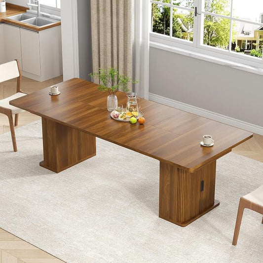 39-94 inch Extendable Dining Room Table for 4-10, Rectangle Expandable Long Kitchen Table with Double Tier Storage, Fluted Sliding Doors, Modern Square Dinner Table, Living Room, Farmhouse, Walnut