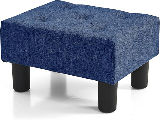 BRIAN & DANY Small Foot Stool, Linen Foot Stools with Legs, Stable Small Footstool for Living Room, Blue