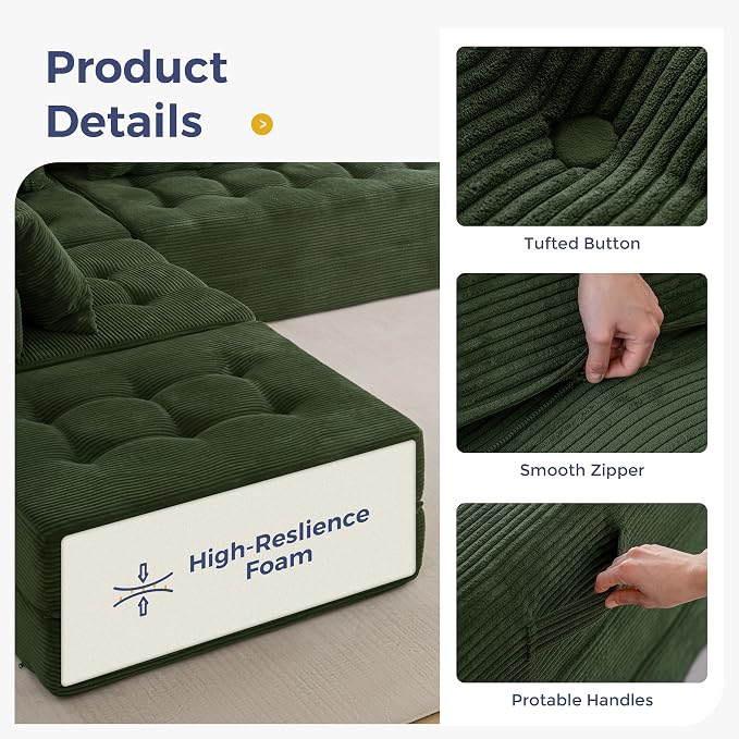 MAXYOYO Modular Sectional Sofa Couch, Foldable U Shaped Cloud Couch with Pillows, Tufted 6-Seat Boneless Sofa Lounger for Living Room, No Assembly Required, Dark Green