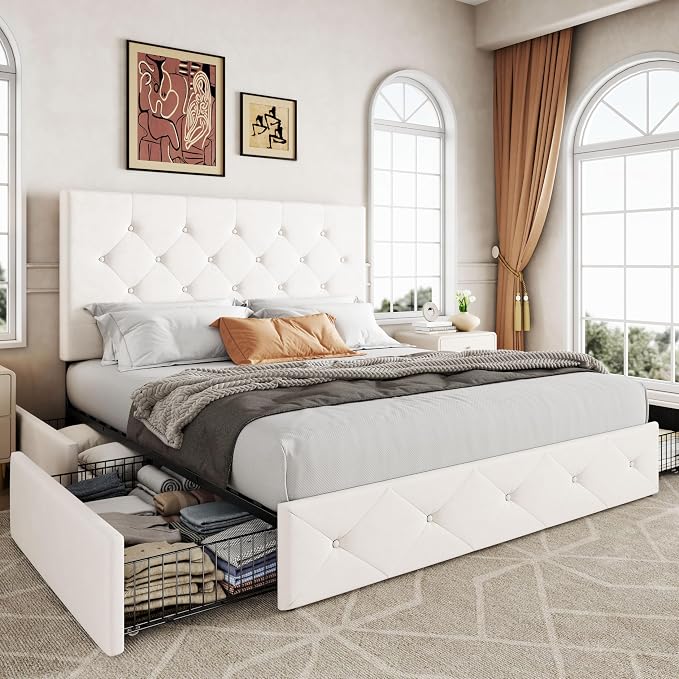 Allewie Upholstered Full Size Platform Bed Frame with 4 Storage Drawers and Adjustable Headboard, Diamond Button Tufted, Wooden Slats Support, Noise-Free, No Box Spring Needed, Easy Assembly, White