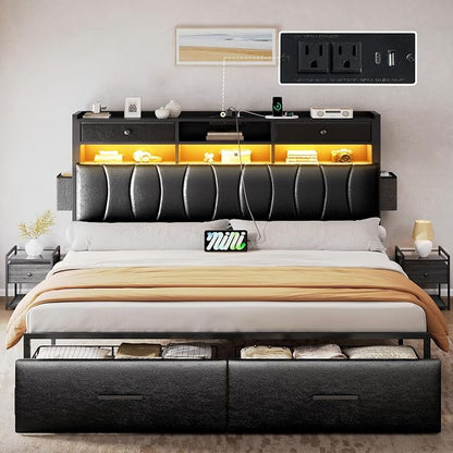 DWVO King Size with 2 Storage Drawers and Charging Station, Upholstered Bed with Storage Headboard and LED Light, Heavy Duty Metal Frame Support, No Box Spring Needed, Noise Free, PU Leather Black