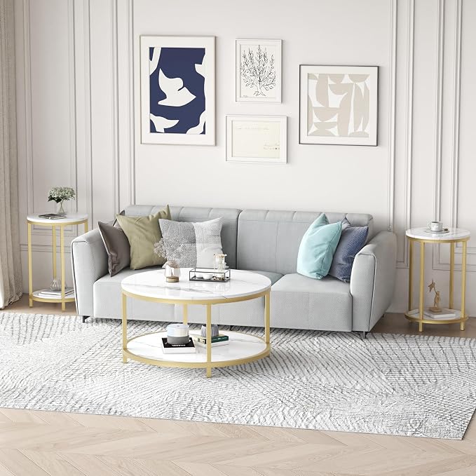 WiberWi Round Side Table Set of 2, Modern Nightstand End Table with Gold Metal Frame &Faux Marble Top, Accent Bedside Table for Living Room Bedroom Small Spaces with Storage Open Shelf,White