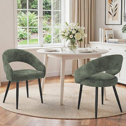 LUE BONA Modern Dining Chairs Set of 2, Upholstered Armrest Side Chairs for Kitchen & Dining Room, 18.5" Seat Height, Comfortable Curved Hollow Backrest, Black Metal Legs, Easy Assembly, Grayish Green